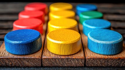 Colorful wooden game pieces arranged on a wooden board