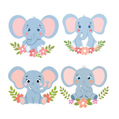Baby Elephant with Flowers Vector Bundle Set