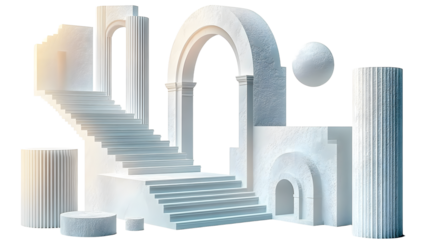 Surreal geometric shapes. Abstract vector elements and signs in trendy minimal outline style. Arch, stairs, column etc.
