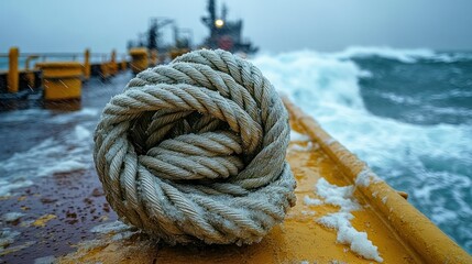 Fototapeta premium Frozen rope knot on a ship deck in rough seas