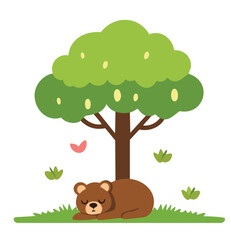 Flat Sleeping Bear Under Tree Vector