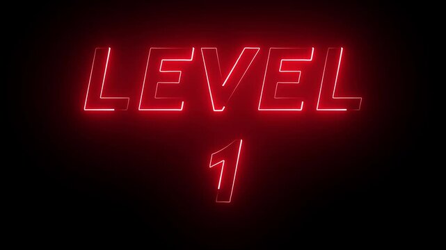 Level 1 text font with glowing neon light.Level Up neon sign tex animation.Level 1 text animation by red color neon on black background.