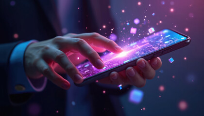 Hand interacting smartphone, metaverse virtual world concept. Touch screen, digital interaction with futuristic neon glow. Blockchain tech, modern tech, innovative experience. Cyber life, digital
