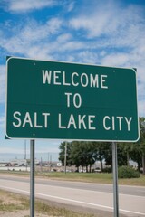 Welcome to Salt Lake City Sign - Utah Travel Destination, Roadside Landmark, Green Signage with Blue Sky and Clouds