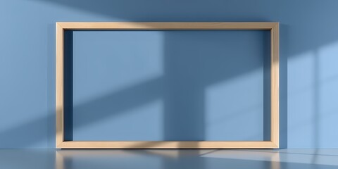 A light brown rectangular frame casting shadows on a blue wall and glossy floor surface