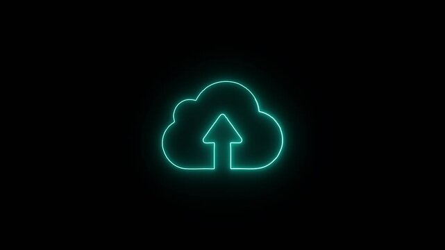 neon line glowing red blue color upload cloud icon animation on black background. 3d video.