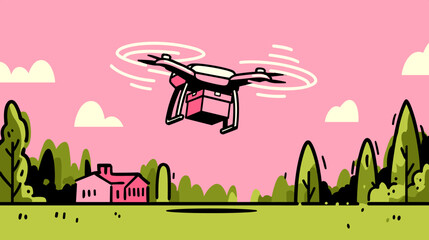 Drone Delivery over House: A drone skillfully navigates a vibrant pink sky, delivering a package over a charming house, showcasing the future of convenient and efficient delivery services.