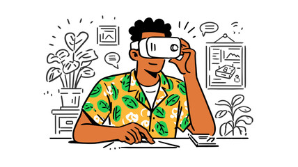 Virtual Exploration: A young man in a Hawaiian shirt explores the immersive world of virtual reality,  his face lit up with wonder as he navigates a digital landscape.