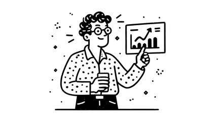 Naklejka premium Businessman Analyzing Data: A stylish line art illustration of a businessman reviewing positive financial data, showcasing growth and success in his career.