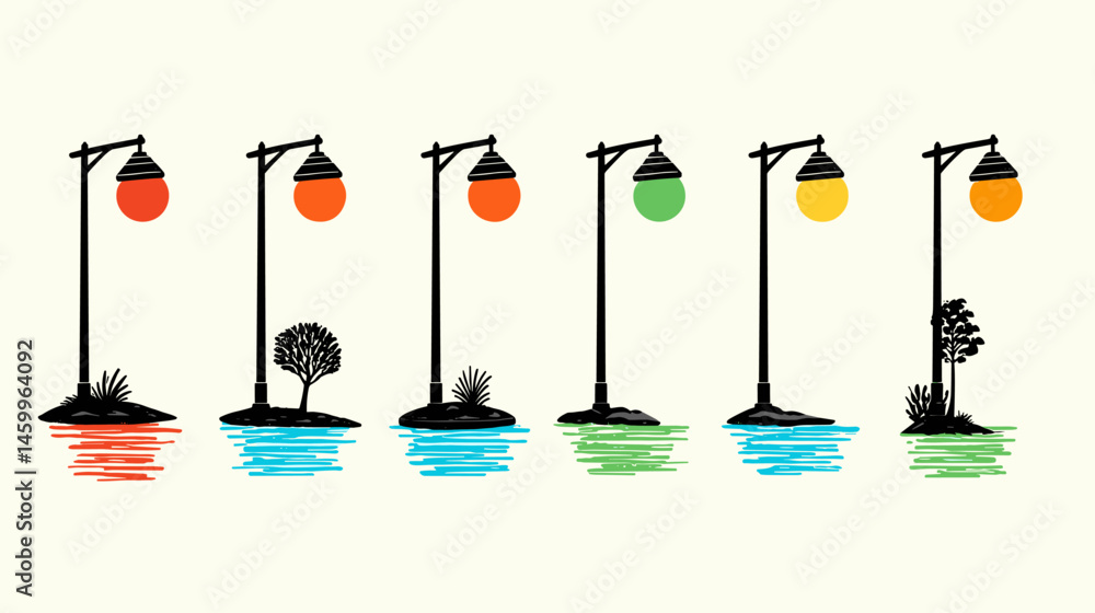 Poster illuminating array: an artistic rendering presents a series of stylized streetlights, each casting a