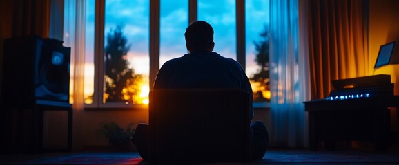 Serene contemplation, Silhouette gazing at sunset through window pane