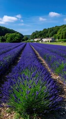Fototapeta premium Scenic lavender field with flowering purple plants in rows and stone buildings with green trees under bright blue sky