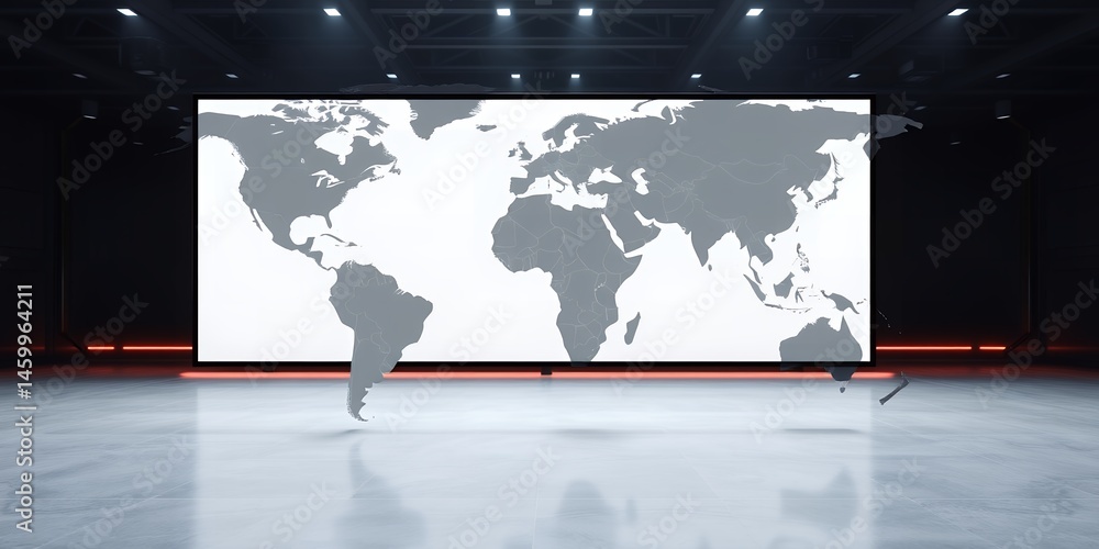 Aufkleber world map displayed on a large screen in a modern dark room with reflective floor space
