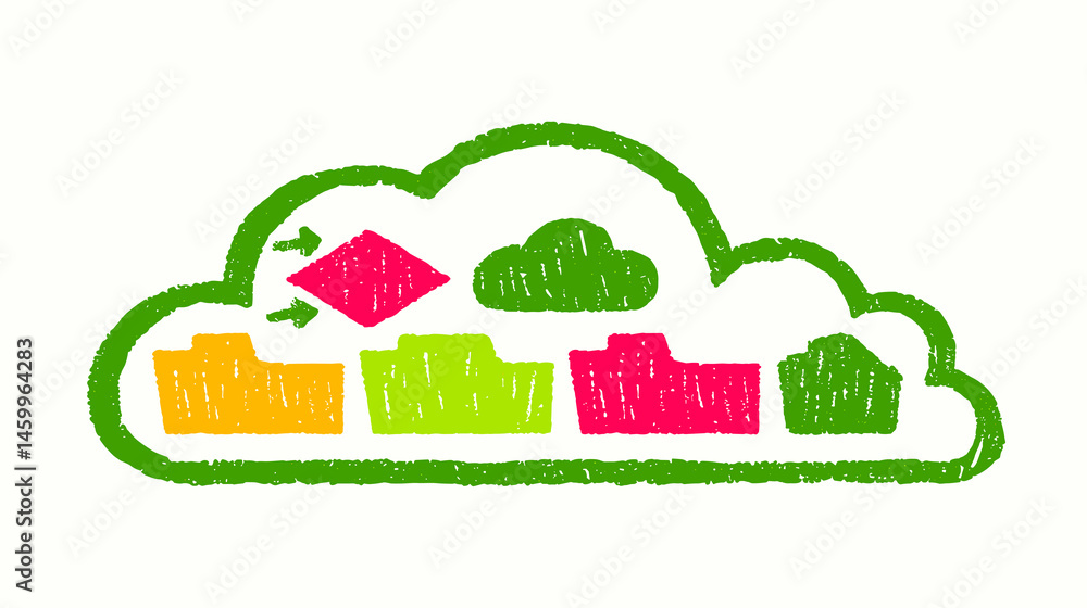Aufkleber cloud data storage and transfer illustration: a vibrant illustration showing data files organized an