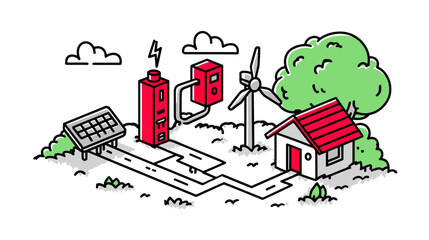 Fototapeta premium Green Energy Illustration: A dynamic illustration of renewable energy sources, showcasing solar panels, a wind turbine, and a battery system powering a house.