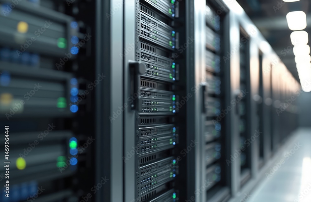 Poster Data center server room with rack servers. Modern tech, digital transformation, cloud computing infrastructure, network. Server room rows with blinking lights. Business information storage, data