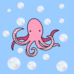 cartoon octopus on blue background with bubbles