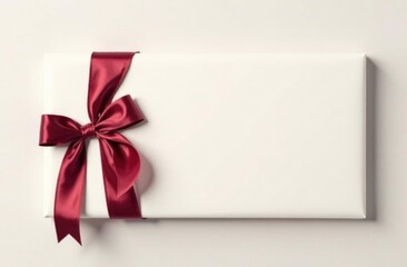 Top view. White gift box with a burgundy bow on a white background. Space for an inscription.