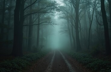 Obraz premium Mystic forest scenery in morning fog. Trees road in woodland with green foliage. Autumn season. Foggy atmosphere. Nature landscape. Travel in Switzerland, Zurich. Atmospheric environment.