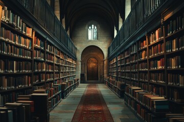 Fototapeta premium Historic library interior with arched ceiling and wood bookshelves leading to antique wooden door