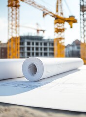 Construction blueprints on a table.  Rolled architectural plans