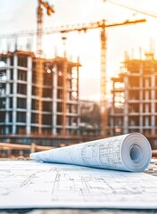 Construction blueprints on a site.  Rolled plans for a building project