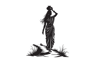 Village Woman Silhouette Vector Traditional Indian Lady Walking with Pot