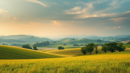 Obraz premium Goldenes Abendlicht fällt auf sanfte Hügellandschaft mit Wiesen und einem einsamen Baum – friedlich, romantisch und atmosphärisch.