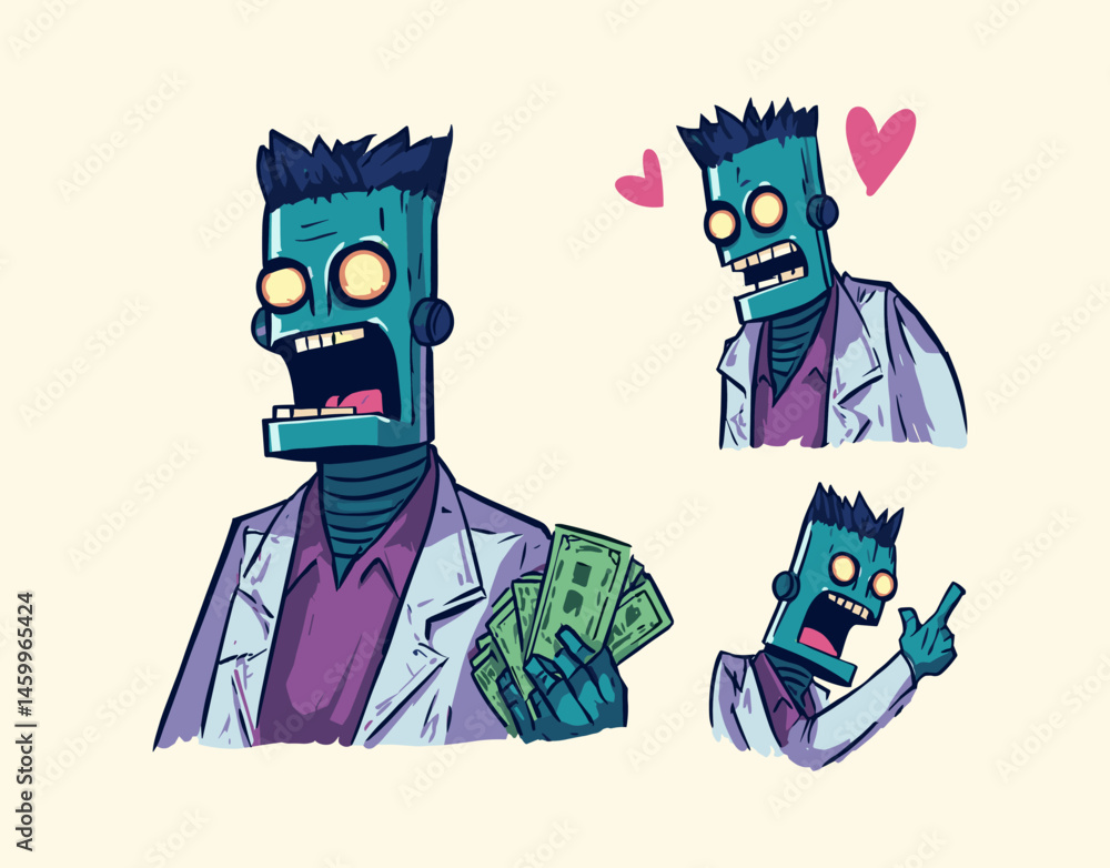 Poster animated expression: a vibrant collection of illustrated robots, showcasing a spectrum of emotions. 