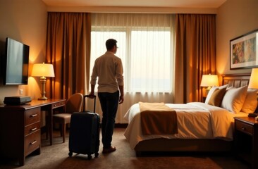 Back view. Man with suitcase in hotel room. Business trip concept.