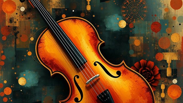 Antikes Cello auf einem abstrakten, kreativen Hintergrund &ndash; verbindet Musik mit Kunst.