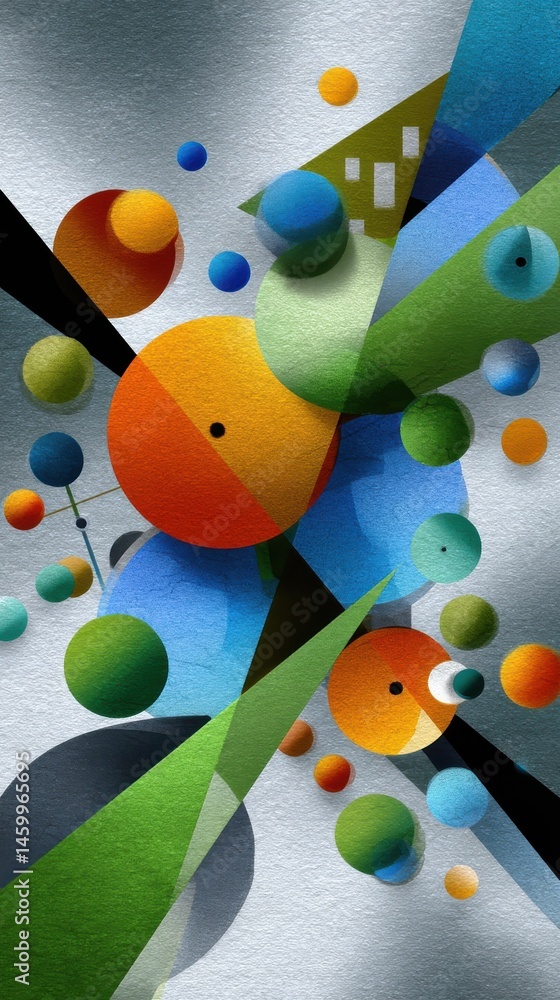 Poster dynamic abstract design circles spheres and triangles vivid color palette grainy texture