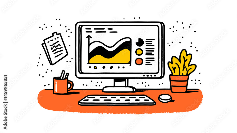 Poster desk computer with graph and plant: a neatly organized desk featuring a computer screen displaying a