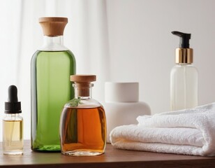A serene display of green and amber bottles with skincare products and soft towels in a minimalist setting.