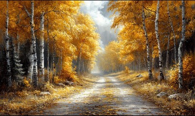 Obraz premium Serene autumnal path through golden birch forest. Sunlight filters through leaves