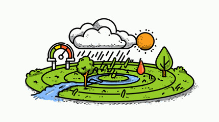 Weather Elements Illustration: This image illustrates various weather elements such as clouds, rain, sun and river. A visual representation of a landscape.