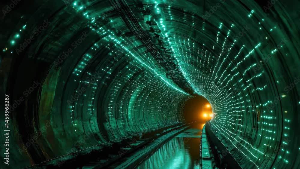 Poster Captivating green digital tunnel glows against a black background creating a futuristic atmosphere, green digital tunnel on black background