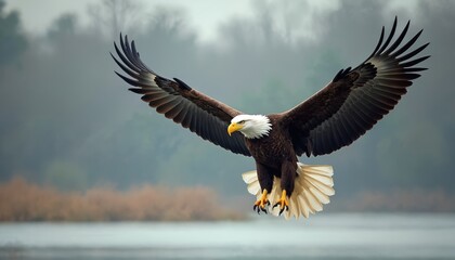 Obraz premium Majestic bald eagle spreads wings preparing landing, shows grace against natural background. Bird of prey in flight, symbol of freedom, power, national pride, wildlife photo, nature. Focus on birds