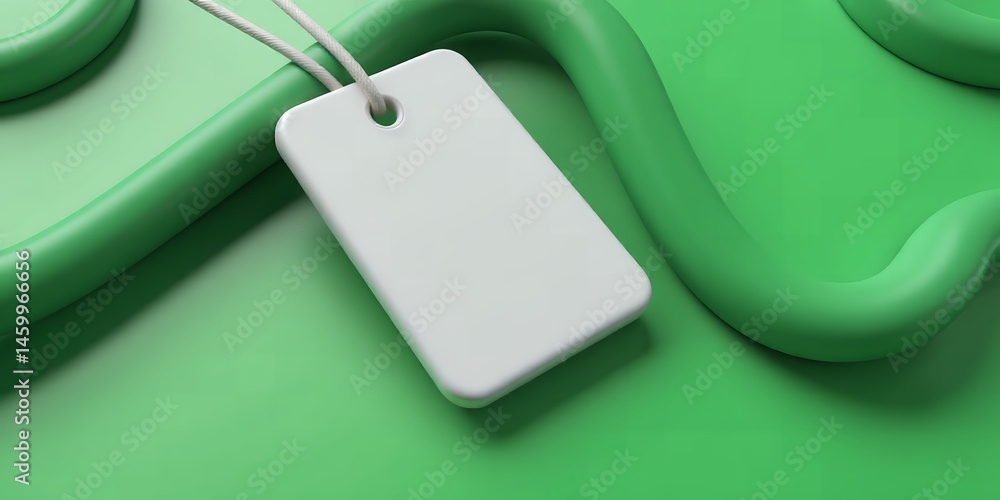 Poster a close up of a white price tag on a green surface with soft lighting and shallow depth of field