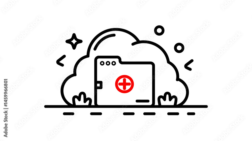 Poster digital data recovery: an icon of a cloud and folder with plus sign indicating data recovery, symbol