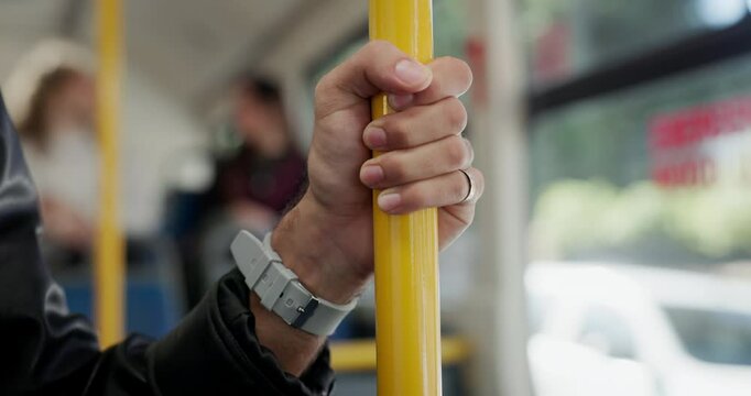 People, hands and bus with rail for public transport, safety or vehicle security in city street. Closeup, traveler or passenger holding poll with stability for travel, balance or commute in shuttle