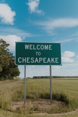 Welcome to Chesapeake: A Roadside Scene with a Green Sign, Blue Sky, and Rural Landscape, Inviting Travelers to Explore Chesapeake, Virginia
