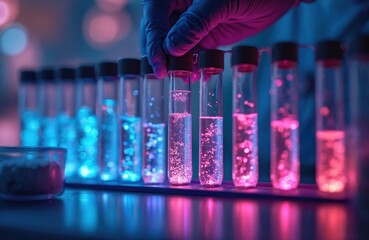 Scientist hand in protective glove holds test tube with glowing liquid. Genetic research, DNA analysis, genomic sequencing concept. Science, medicine, pharmaceutical industry. Bio lab, medical
