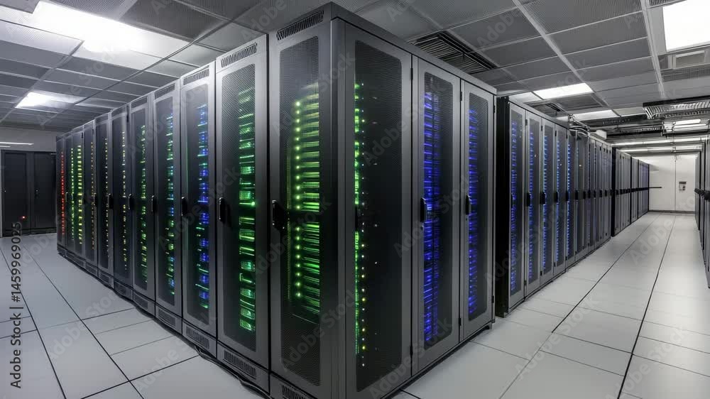 Poster data processing activity in a modern server room with advanced server technology and efficient layou