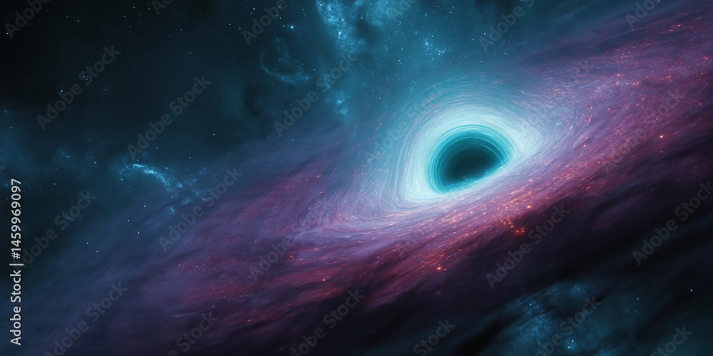 Poster cosmic swirl of teal and purple nebula surrounding a black hole, showcasing a mysterious and powerfu