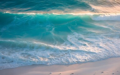 Aerial View of Turquoise Ocean Waves Crashing on White Sand Shoreline with Seafoam Patterns, Clear Blue Water, and Sunlit Ripples — Captivated from a Drone in Top-Down Perspective