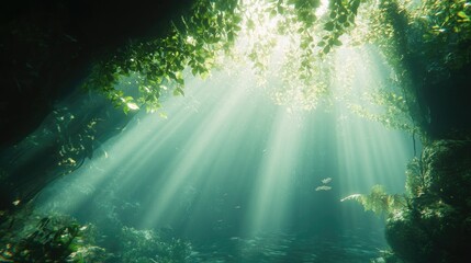 Sunlight streams through underwater cave foliage