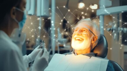 Network of connections with icons surrounding diverse dental care setting while senior patient interacts with dentist, network of connections with icons over diverse doctors talking - Powered by Adobe