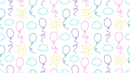 Crayon background with clouds, sun and balloons flying in sky. Abstract hand drawn seamless pattern for birthday party, gift wrapper, decoration with chalk balloons in sky, vector illustration
