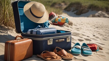 Summer vacation at the beach: retro suitcases, straw hats, maps and a vintage camera on the sand by the sea.